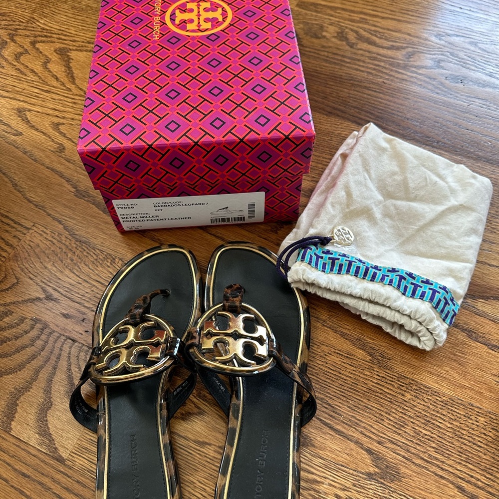 Tory Burch Miller Leopard Logo Thong Sandals - Black & Brown